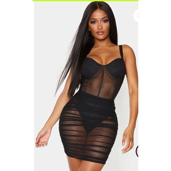 Pretty Little Thing Shape Black Mesh Binding Cup Detail Bodycon Dress, NWT, Sz. - Picture 1 of 4